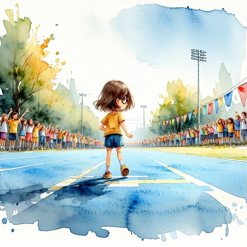 AIが生成した絵本の表紙。運動会のトラックを歩く子どもの水彩イラスト
