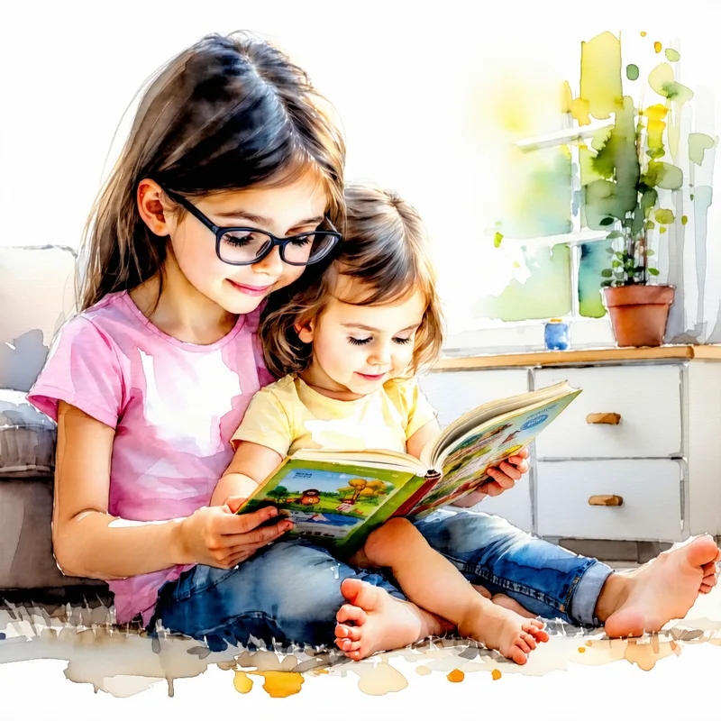 AIが生成した絵本のページ。ソファでふたりの子どもが絵本を読んでいる水彩イラスト